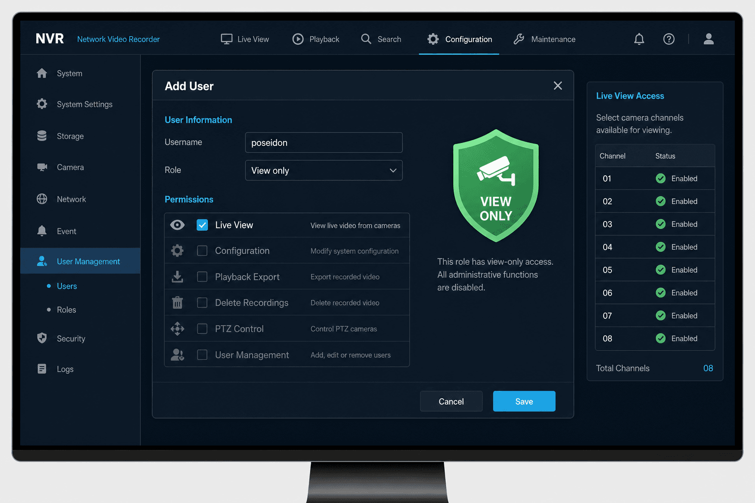 Network video recorder user setup showing the Poseidon account with view-only live camera permissions