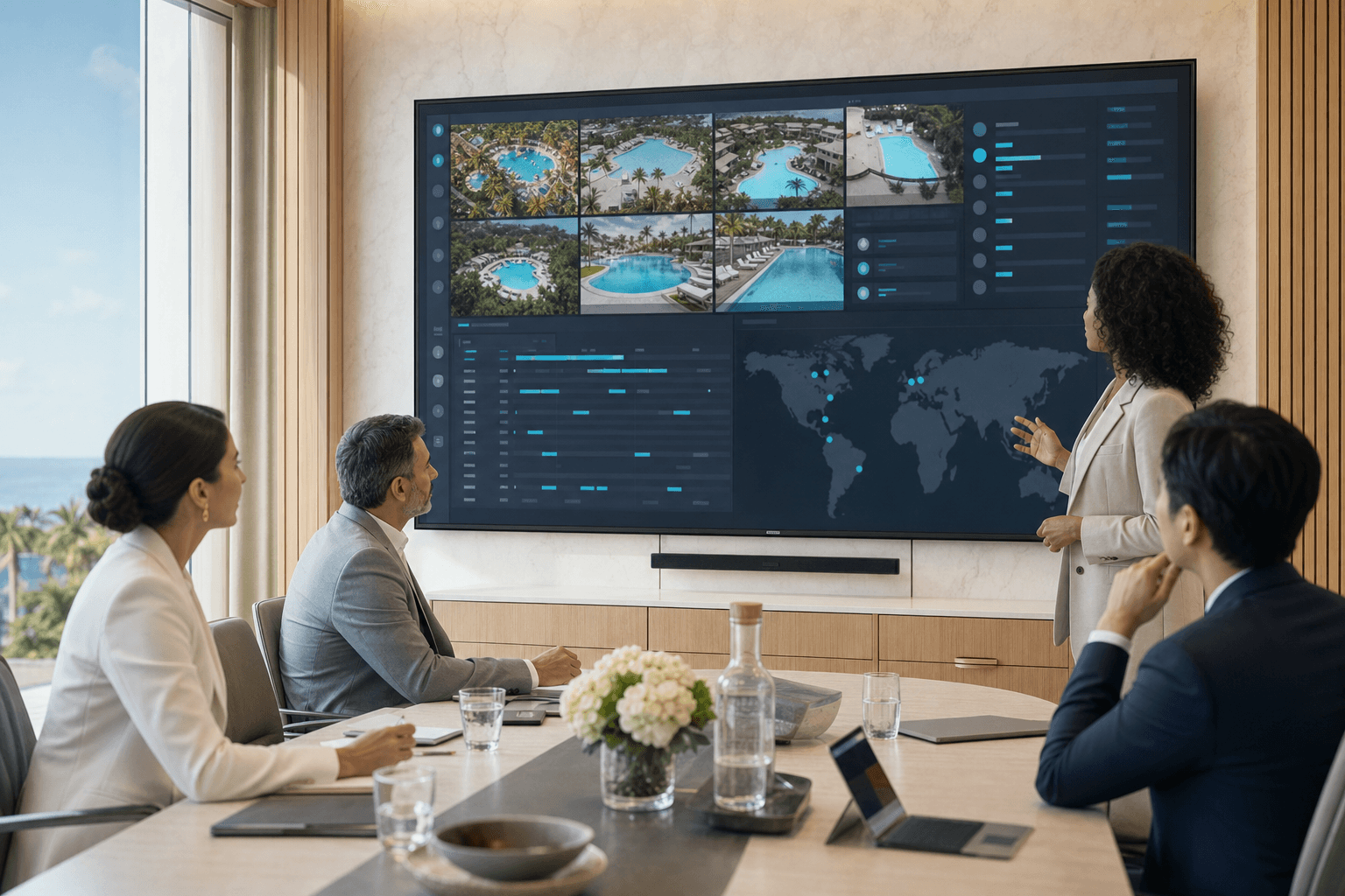 Hospitality executives reviewing pool safety operations across multiple properties