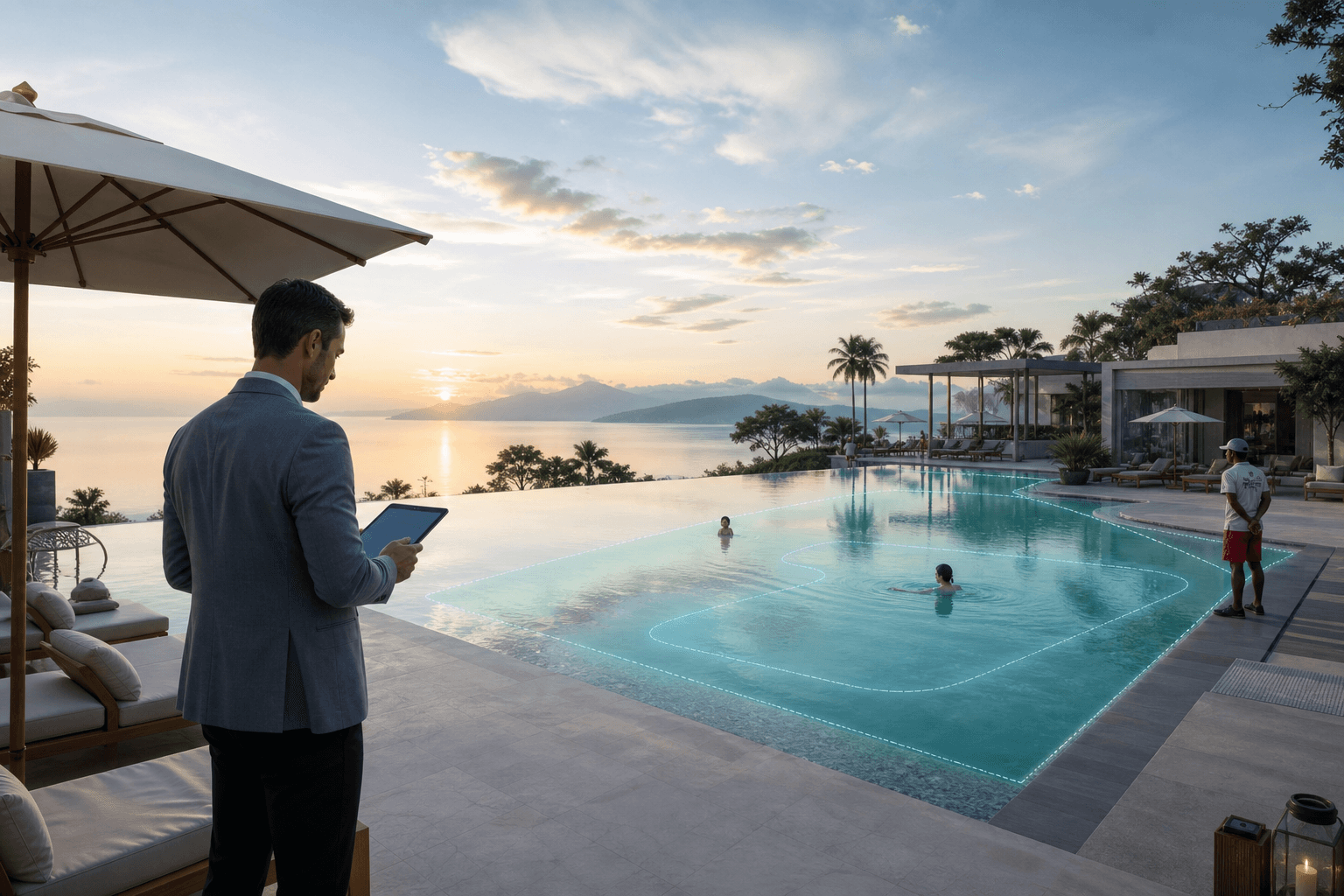 Luxury resort pool monitored discreetly by a hotel operations manager