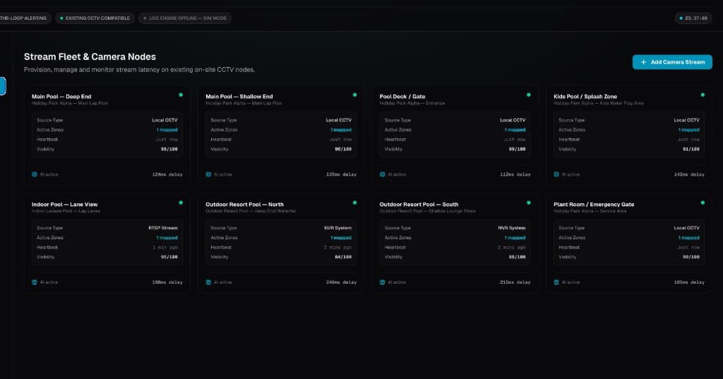 Stream Fleet & Camera Nodes — existing CCTV cameras provisioned with heartbeat, visibility scores, and AI status